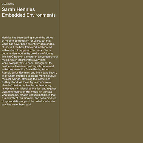 Sarah Hennies - Embedded Environments - LP - Blume - 012